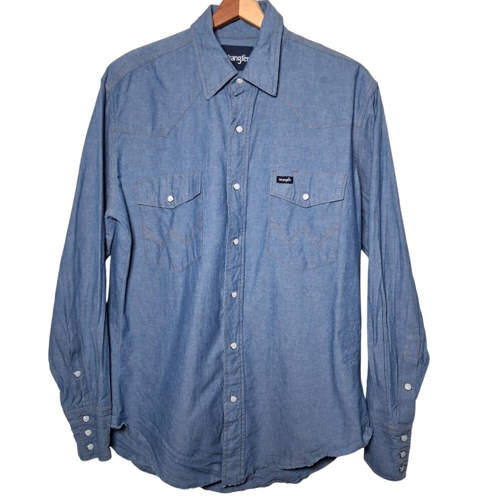 Wrangler Western Wear Pearl Snap Shirt Men M Blue Chambray Ranch Rodeo